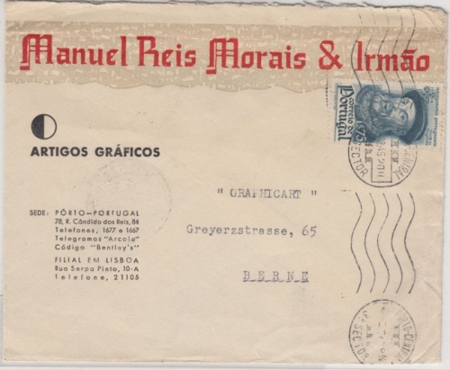 Portugal - 1,75 E. Magellan, illustr. Firmenbrief i.d. SCHWEIZ Porto - Bern 1945