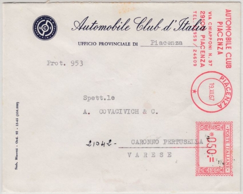 Italien - Piacenza 1967, 50 L. AFS "Automobile Club", illustr. Brief n. Caronno