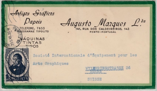 Portugal - 1,75 E. Brotero, illustr. Firmenbrief i.d. SCHWEIZ, Porto - Bern 1945