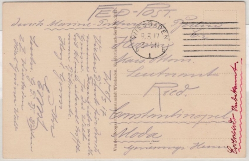 DR - Wiesbaden 1917, Feldpostkarte i.d. TÜRKEI, Leitvermerk Berlin C2