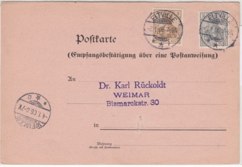 DR - 2+3 Pfg. Germania, Empf.best. f. Postanweisung, Eltville - Weimar 1906