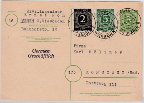 All.Bes. - Wehen ü. Wiesbaden 2, Poststelle I, GA-Karte+Zusatz n. Konstanz 1946