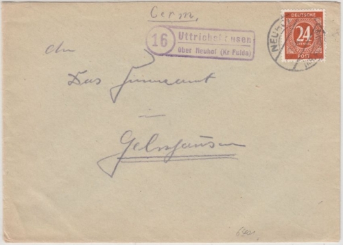 BRD - (16) Uttrichshausen ü. Neuhof (Kr. Fulda), Landpost-Ra2 a. Brief 1946 n.