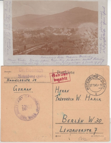 DR/All.Bes. - Rotenburg (Fulda), Gebürh bezahlt Zensurkarte 1945 + sw-Fotokarte