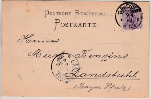 DR - Rheydt (BZ Düsseldorf) 1889, K1 (Sonderform) a. Firmenkarte n. Landstuhl