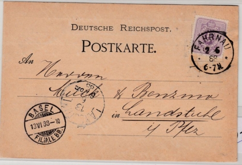 DR - Fahrnau 1888, K1 a. Firmenkarte n. Landstuhl, Fehlleitung (!) Basel/SCHWEIZ