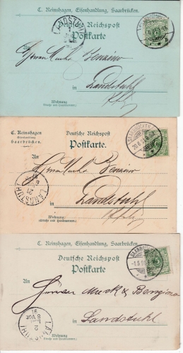 DR - Saarbrücken 1891/96 5 Firmen-Postkarten/Eisenwaren Reinshagen n. Landstuhl