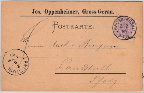 DR - Gross-Gerau 1885, K1 a. Firmen-Postkarte (Jos. Oppenheimer) n. Landstuhl