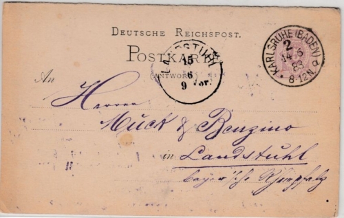 DR - 5 PfgE., GA-Karte/Antwortteil Karslruhe 2 - Landstuhl 1883