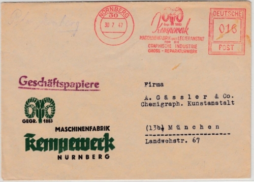 All.Bes. - Nürnbnerg 30 1947 16 Pfg. AFS "Kempewerk" Geschäftspapiere n. München