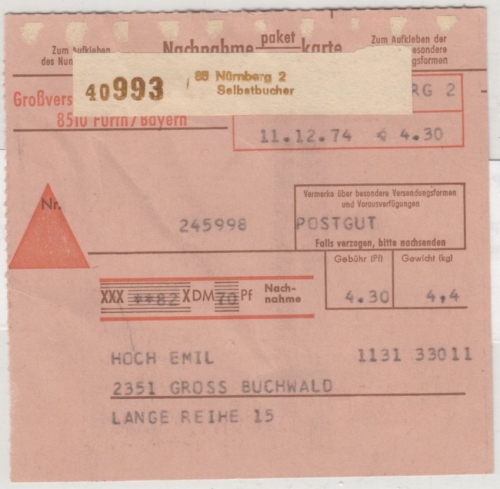 BRD - 1 M.+50 Pfg. Heinemann, Zustellgebühr, Nachnahme-Paketkarte Nürnberg 1974