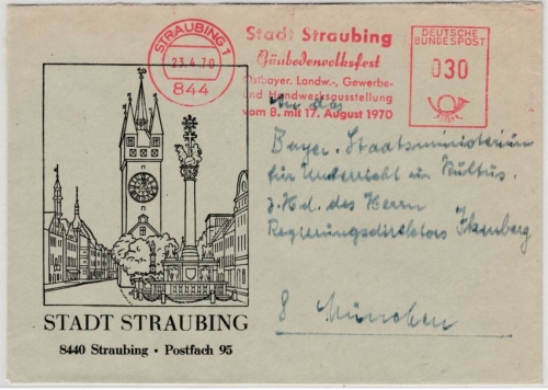 BRD - Straubing 1970, 30 Pfg. AFS "Gäubodenvolksfest", illustr. Brief n. München