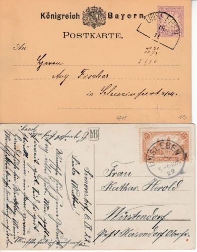 Bayern/DR - Unsleben, HKS u. K1 a. 2 Karten 1880 bzw. 1922