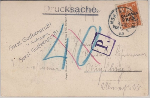 DR-Infla - 10 Pfg. By-Abschied/DR, Drucksache Hohenaltheim - Augsburg 1920