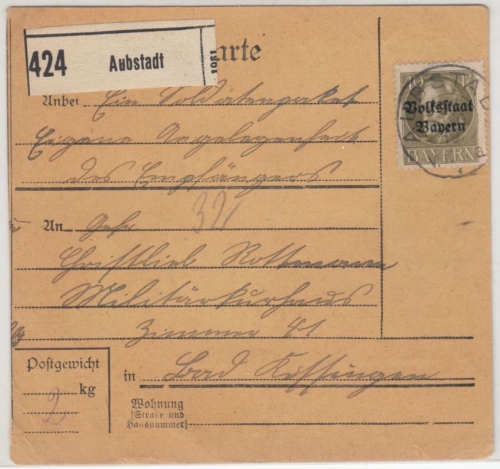 Bayern - Aubstadt 1919, Soldaten-Paketkarte n. Bad Kissingen