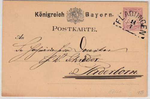 Bayern - Fladungen 14/7 (1882), HKS a. 5 Pfg. GA-Karte n. Paderborn