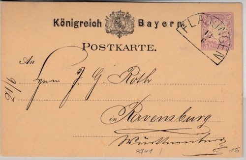 Bayern - Fladungen 13/6 (1881), HKS a. 5 Pfg. GA-Karte n. Ravensburg