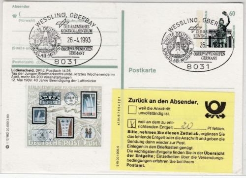 BRD - 60 Pfg. SWK Bild-GA-Karte/Lüdenscheid 40 J. Ende Luftbrücke, SST Wessling