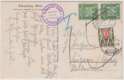 DR/Schweiz - 2x5 Pfg. Adler Karte Bischofsheim a. Rhön n. Luzern 1928, Nachporto