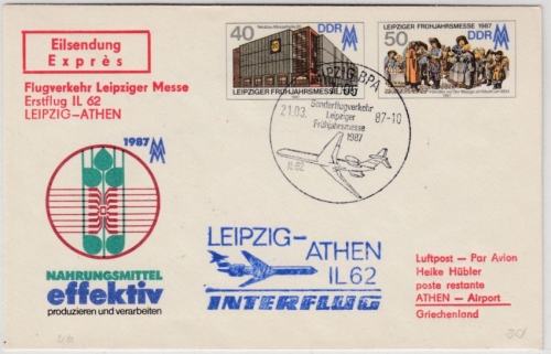 DDR - 40+50 Pfg. Leipziger Messe, Privat-GA-Umschlag/Lupo-Eilbrief 1st-Flug 1987