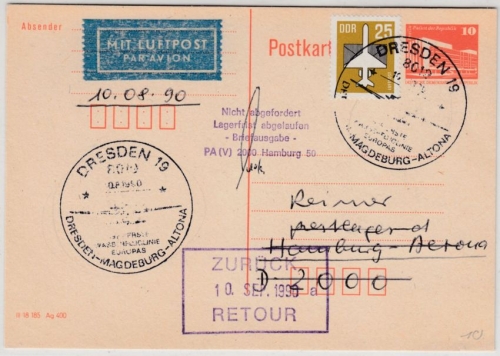 DDR - 10 Pfg. GA-Karte/Lupo-Karte SST Dresden 1. Wasserfluglinie Europas 1990
