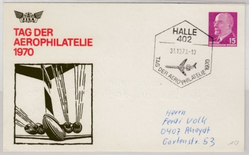 DDR - 15 Pfg. Ulbricht, Privat-GA-Karte/Tag d. Aerophilatelie 1970, SST Halle n.