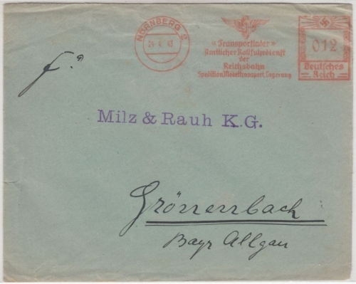 DR - Nürnberg 1943, 12 Pfg. AFS "Transportlader", Brief n. Grönenbach