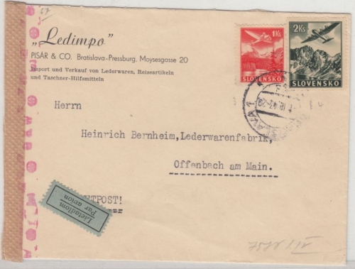 Slowakei - 2+1 Ks. Flupo-Ausg., Lupo-Zensurbrief Bratislava - Offenbach 1943