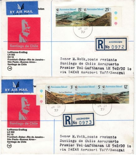 Ascension - Vulkane 1978 Satz a. 2 Lupo-Einschreibebriefen n. CHILE LH-Zuleitung