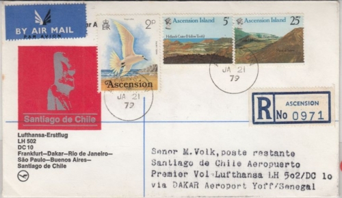 Ascension - 5+25 P. Vulkane u.a., Lupo-Einschreibebriefen n. CHILE 1979
