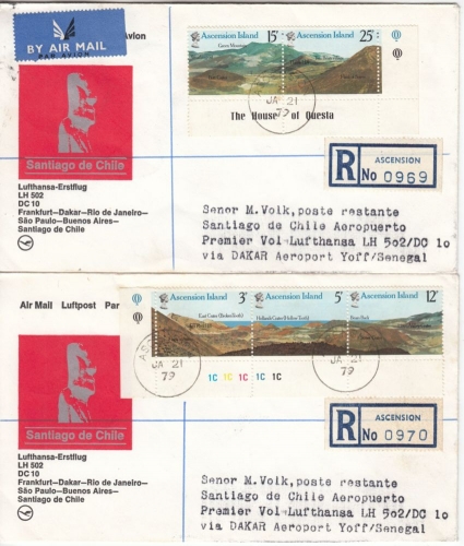 Ascension - Vulkane 1978 Satz/Ränder m. Zudr. a. 2 Lupo-Einschreibebriefen 1979