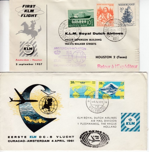 Niederlande - KLM-1st-flight Amsterdam-Houston 1957, Curacao-Amsterdam 1961