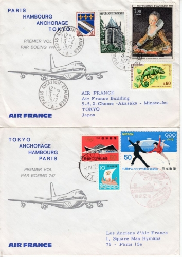 Frankreich - Air France, 1st-flight Paris - Tokyo - Paris, Hin- u. Rückflug 1972