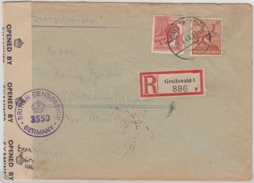 All.Bes. - 60+24 Pfg. Kontrollrat, Einschreibebrief Greifswald - Northeim 1948