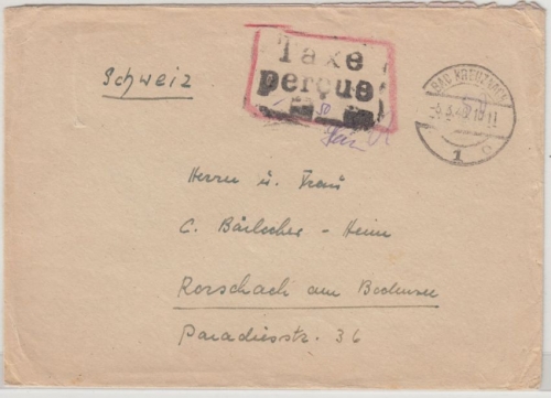 All.Bes./Schweiz - Bad Kreuznach 5.3.48, Taxe percue, Ra3 a. Brief n. Rorschach
