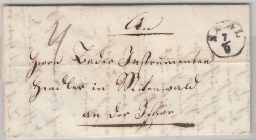 Bayern - Saal (1838) Fingerhut-K1 a. Portobrief v. Kelheim n. Mittenwald Inhalt!