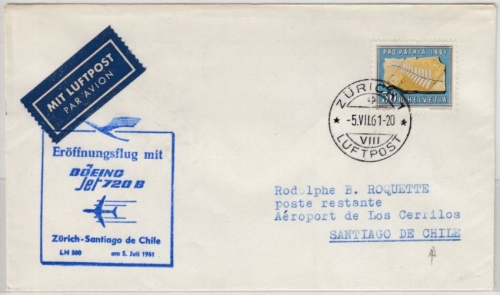 Schweiz - 50 Rp. Pro Patria, Lupo-Brief/LH-1st-flight n. CHILE, Zürich 1961 n.