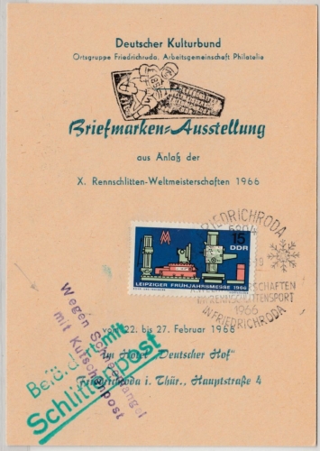 DDR - Friedrichroda 1966, SST Rennschlitten-WM Sonderkarte/Schlittenpost