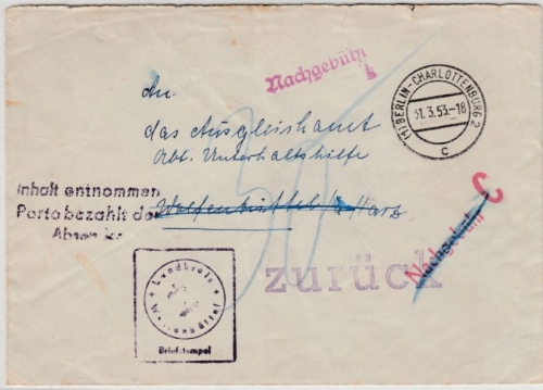 Berlin - Charlottenburg 2, 1953 - Brief/Nachporto n. Wolfenbüttel, Hinweis-L3