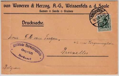 DR - 5 Pfg. Germania, Drucksache n. BELGIEN/Besetzung Weißenfels - Brüssel 1915