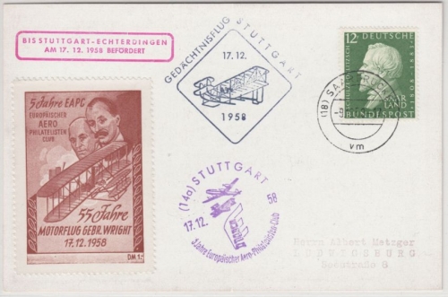 Saarland - Saarbrücken 1958, Gebr. Wright Gedächtnisflug, Sonderkarte
