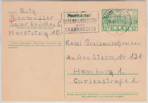 Saar - Rosenmontagszug, Masch.werbestpl. Saarbrücken 1956 a. 12 F. GA-Karte n.
