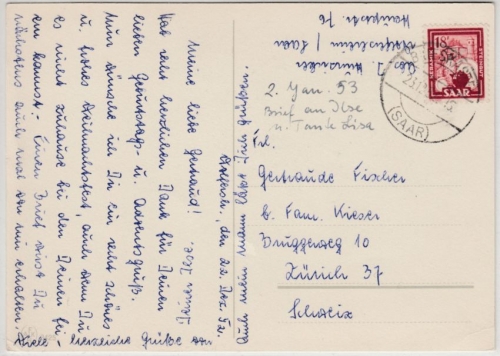 Saar - 18 F. Freimarke, Karte i.d. SCHWEIZ, Blieskastel - Zürich 1952