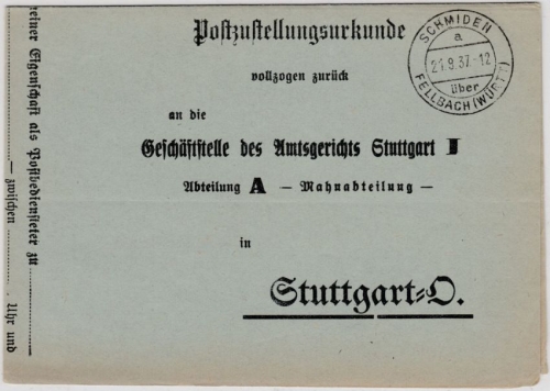 DR - Schmiden ü. Fellbach 1937, Poststelle I Zustellurkunde n. Stuttgart