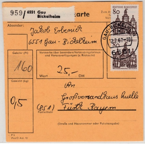BRD - 2x80 Pfg. kl. Bauwerke, Paketkarte Gau-Bickelheim - Fürth 1967