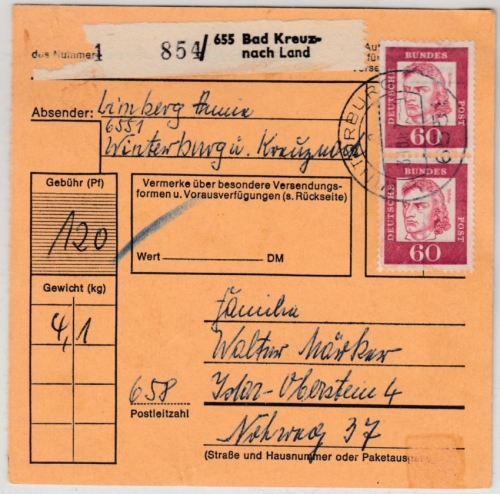 BRD - 2x60 Pfg. Bed. Deutsche, Paketkarte/Pst I Winterburg - Idar-Oberstein 1967