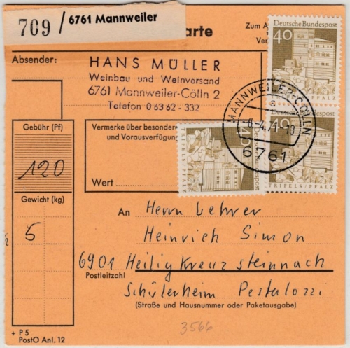 BRD - 3x40 Pfg. Bauwerke, Paketkarte Mannweiler - Heiligkreuzsteinach 1971