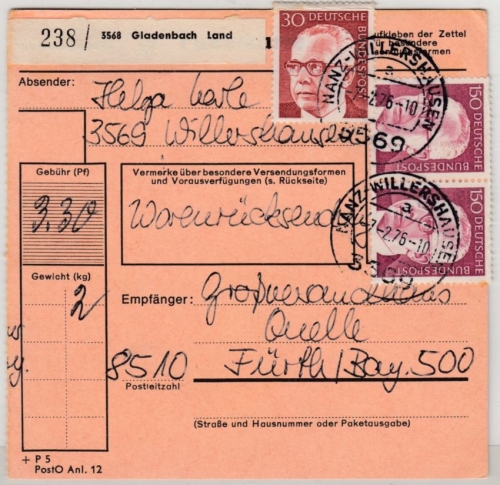 BRD - Nanz-Willershausen 1975, Paketkarte n. Fürth, Paketzettel Gladenbach Land