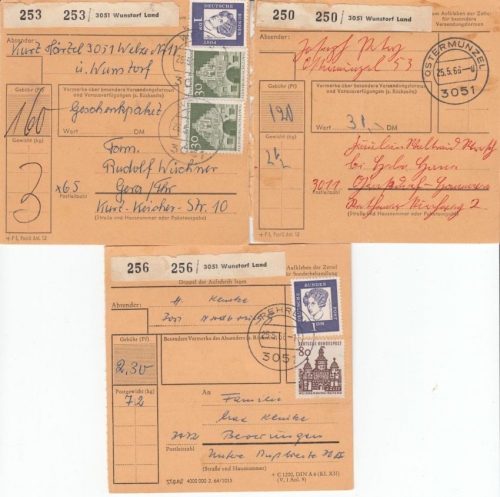 BRD - Wunstorf Land, 3 Paketkarten v. versch. Poststellen I 1966/68