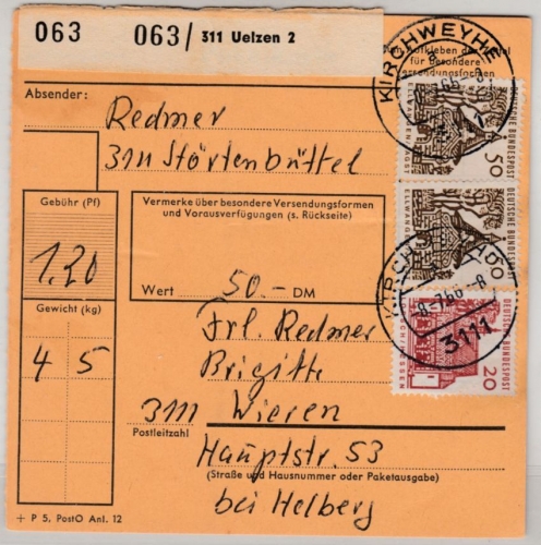 BRD - Kirchweyhe 1966, Paketkarte/Postst. I n. Wieren, Paketzettel Uelzen 2
